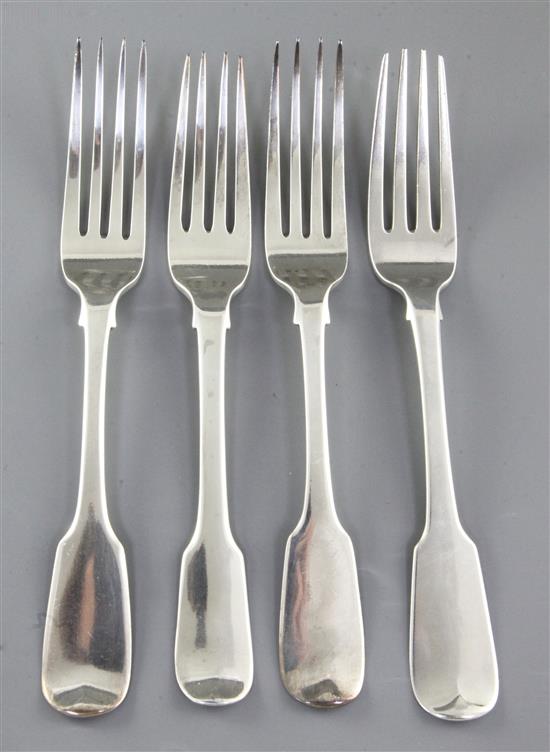 A matched set of three George IV silver fiddle pattern table forks, Weight 9oz/285 grms